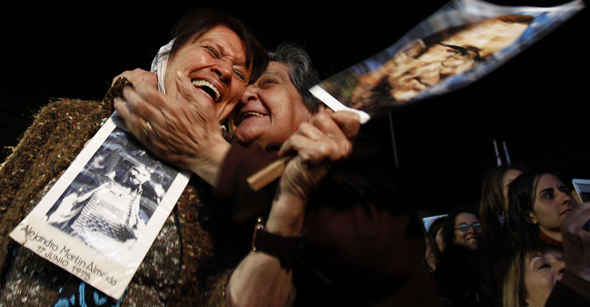 Member of Madres de Plaza de Mayo Almeyda and a friend react after hearing trial verdict in Buenos Aires